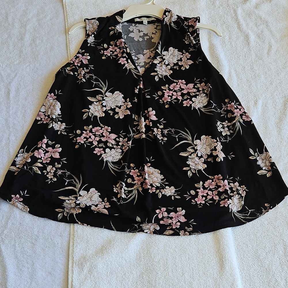 Lynn Ryan Black Pink Floral V-Neck Sleeveless Tunic Blouse Size XL